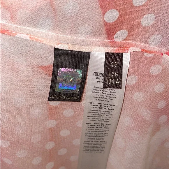 Roberto Cavalli silk Peach Polka Dot ,and rose print Sheer Tunic with Black Trim - Picture 10 of 10
